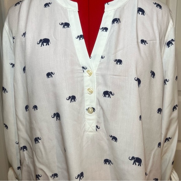 Bass White & Navy Elephant Print Long Tab Roll Sleeves Pull Over Shirt Womens XL - Picture 2 of 8